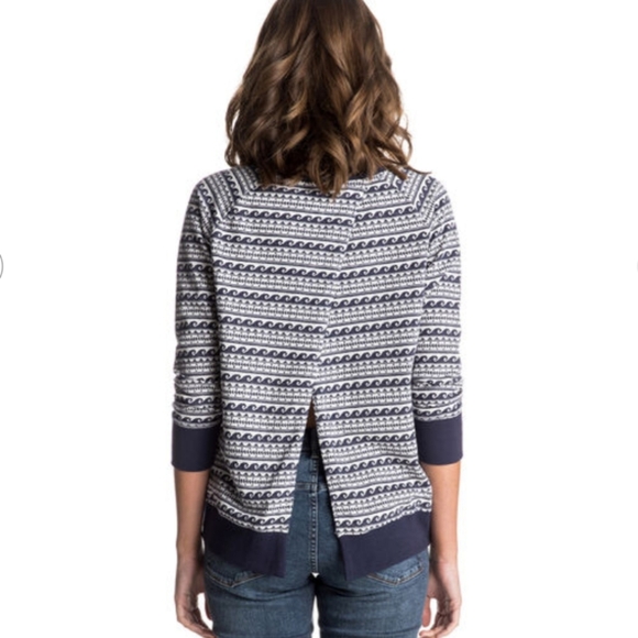 Roxy Open Back Sweater Top Kangaroo Pocket Size Med Navy Blue White Wave Print - Picture 2 of 14